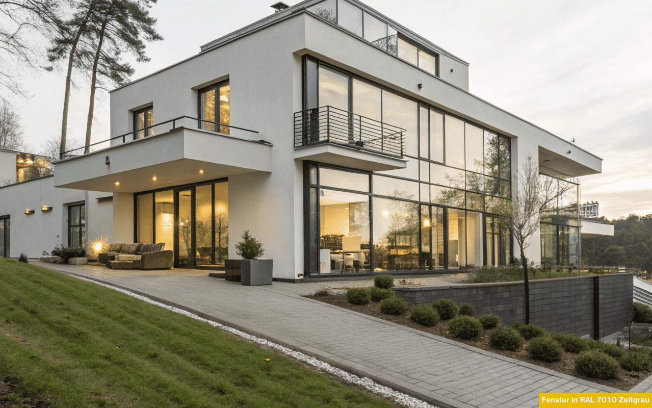 Das Bild zeigt ein modernes Einfamilienhaus mit großzügigen Glasfronten und Fenstern in RAL 7010 Zeltgrau. Die Farbe verleiht der Architektur eine elegante, zeitlose Wirkung und betont klare Linien und Lichtflächen.