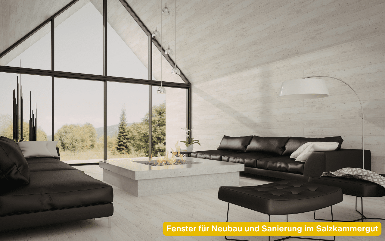 Modernes Wohnzimmer mit großer Glasfront und Panoramablick als Fenster für Neubau und Sanierung im Salzkammergut.