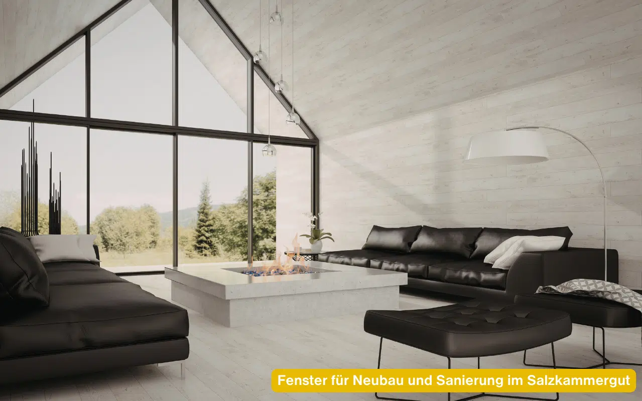 Modernes Wohnzimmer mit großer Glasfront und Panoramablick als Fenster für Neubau und Sanierung im Salzkammergut.