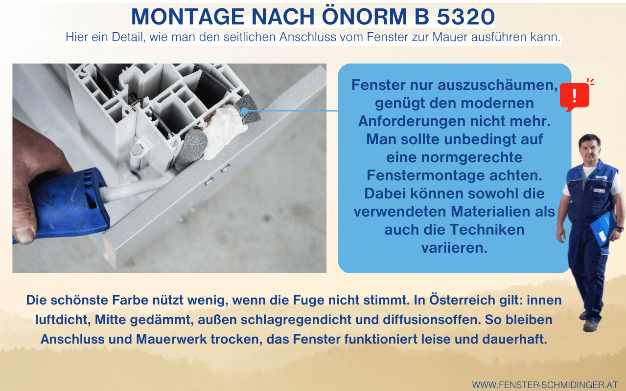 Montage nach ÖNORM B 5320 - der leise Hauptdarsteller zeigt Detail einer normgerechten Fenstermontage mit Abdichtung und Fugenaufbau.