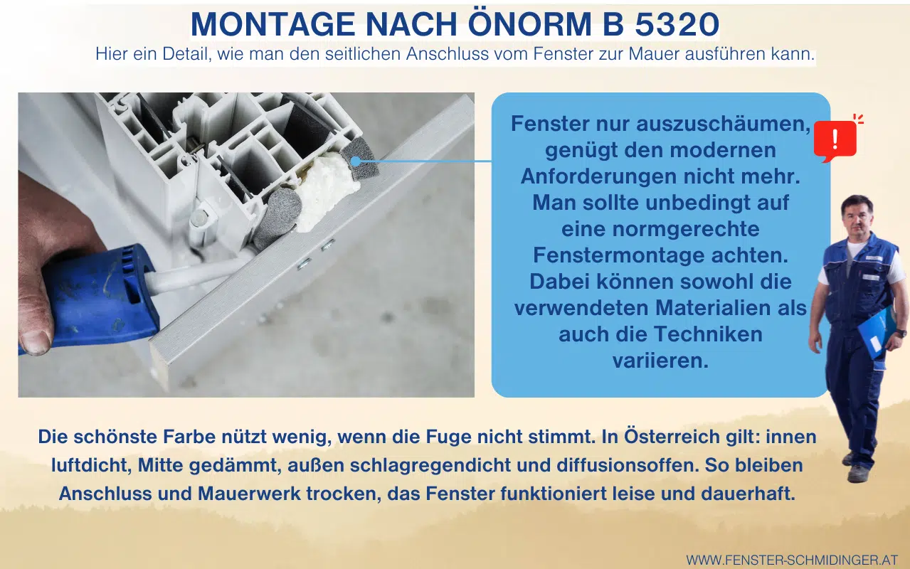 Montage nach ÖNORM B 5320 – der leise Hauptdarsteller zeigt Detail einer normgerechten Fenstermontage mit Abdichtung und Fugenaufbau.
