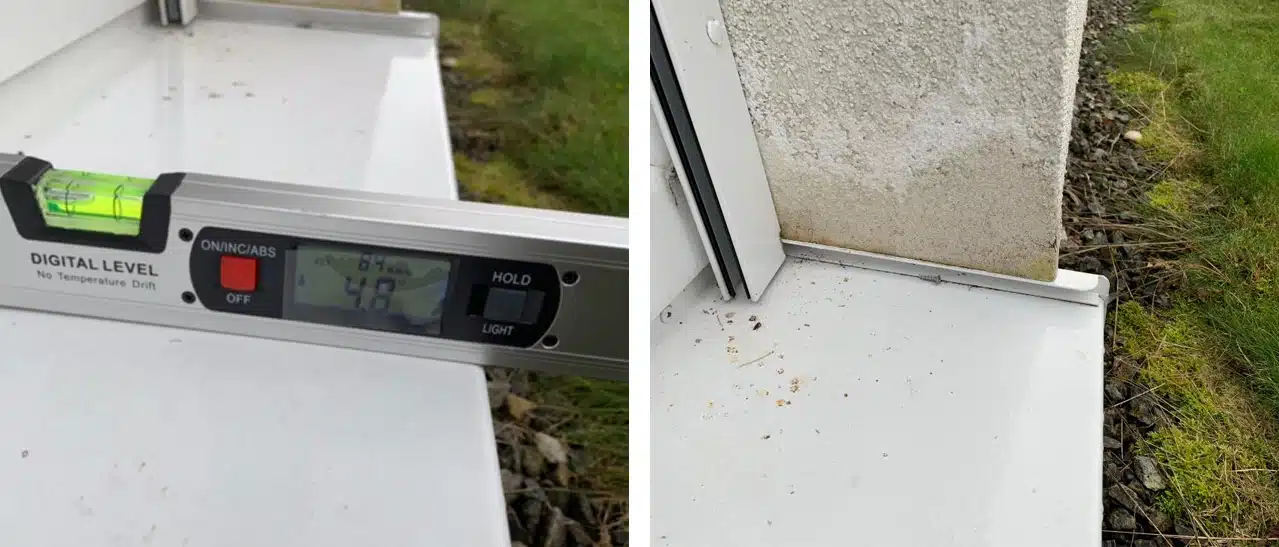 Die Außenfensterbank aus Aluminium zeigt eine zu geringe Neigung an und man sieht auch ein falsches Abschlußprofil.