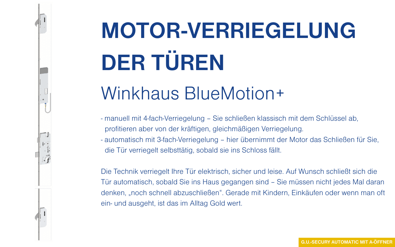 Motor-Verriegelung der Türen Winkhaus BlueMotion zeigt automatische und manuelle Mehrfachverriegelung für sichere Haustüren