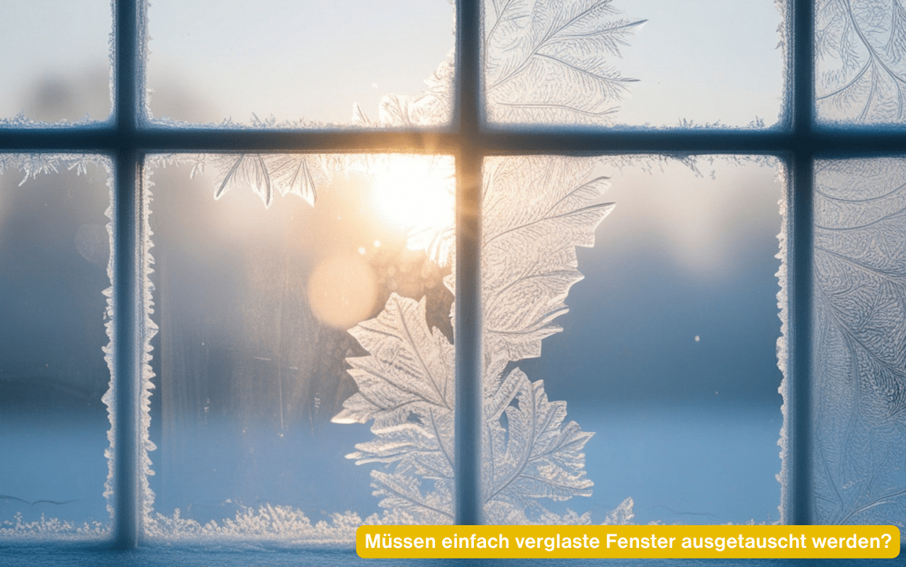 Müssen einfach verglaste Fenster ausgetauscht werden - vereistes Sprossenfenster mit Eisblumen und Wintersonne dahinter