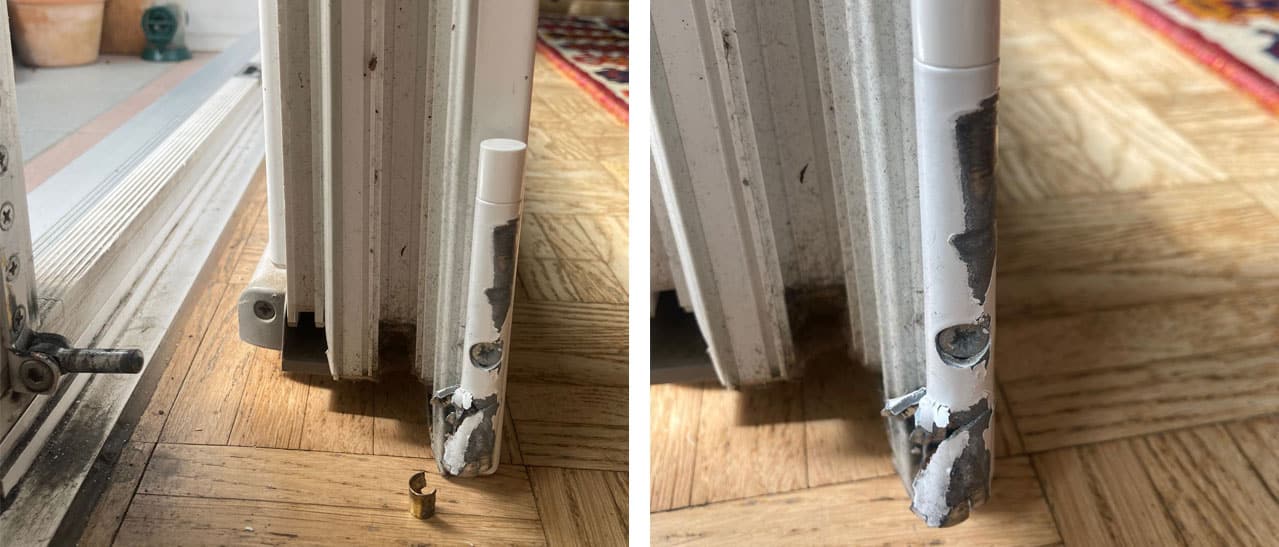Nahaufnahme einer Balkontüre mit kaputtem Ecklager, Balkontüre Reparatur in der Nähe.