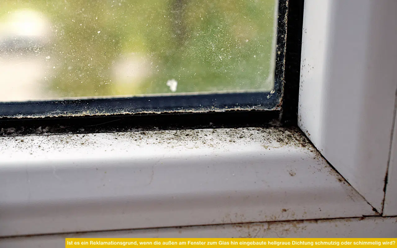 Verglasungsdichtungen können sich mit der Zeit verfärben oder verschmutzen. Das beeinträchtigt jedoch nicht die Funktion des Fensters und gilt daher meist nicht als Reklamationsgrund. Reinigung durch Fachbetrieb empfohlen.