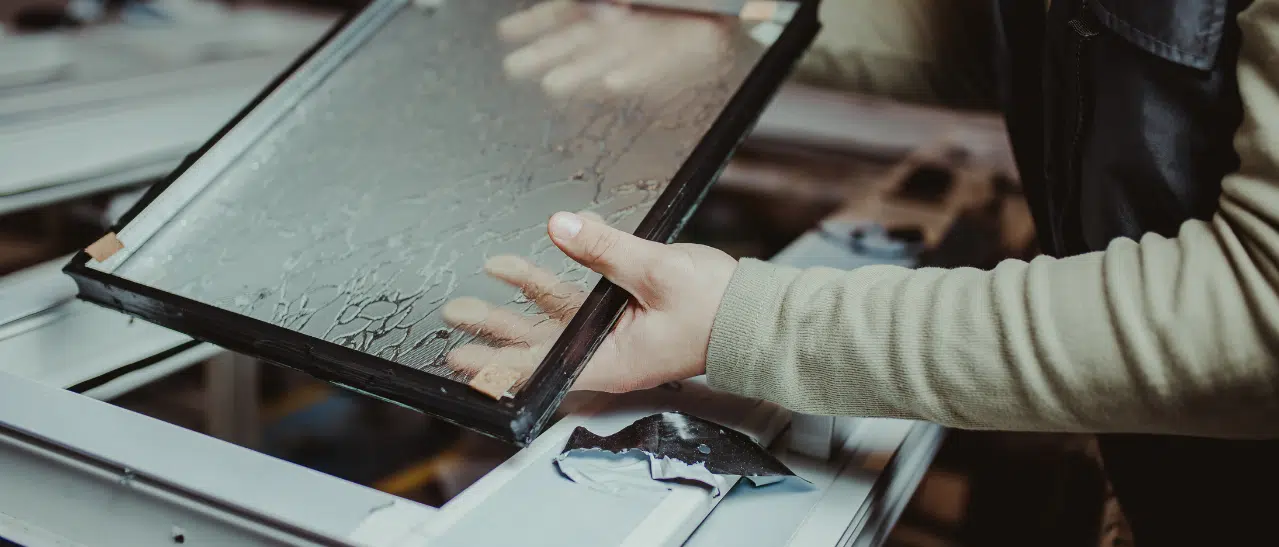 Arbeiter setzt strukturiertes Wärmeschutzglas in Nebeneingangstüre Aluminium ein, Produktionsprozess im Detail.