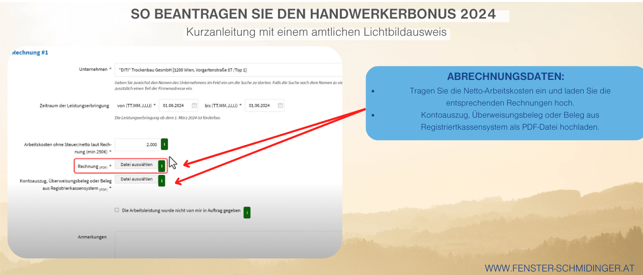 Netto-Arbeitskosten eintragen und Rechnungen für Handwerkerbonus hochladen. Kontoauszug oder Beleg als PDF hochladen.