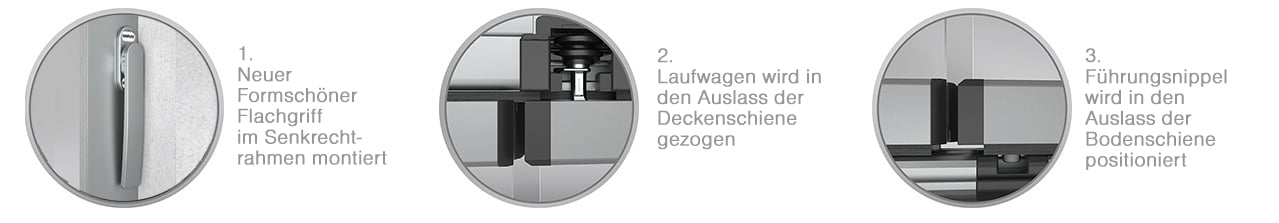 Das Bild zeigt drei technische Darstellungen des neuen Sunflex SF 25 Systems. Zu sehen sind der flache Griff, der Laufwagen in der Deckenschiene und der Führungsnippel in der Bodenschiene zur verbesserten Handhabung.