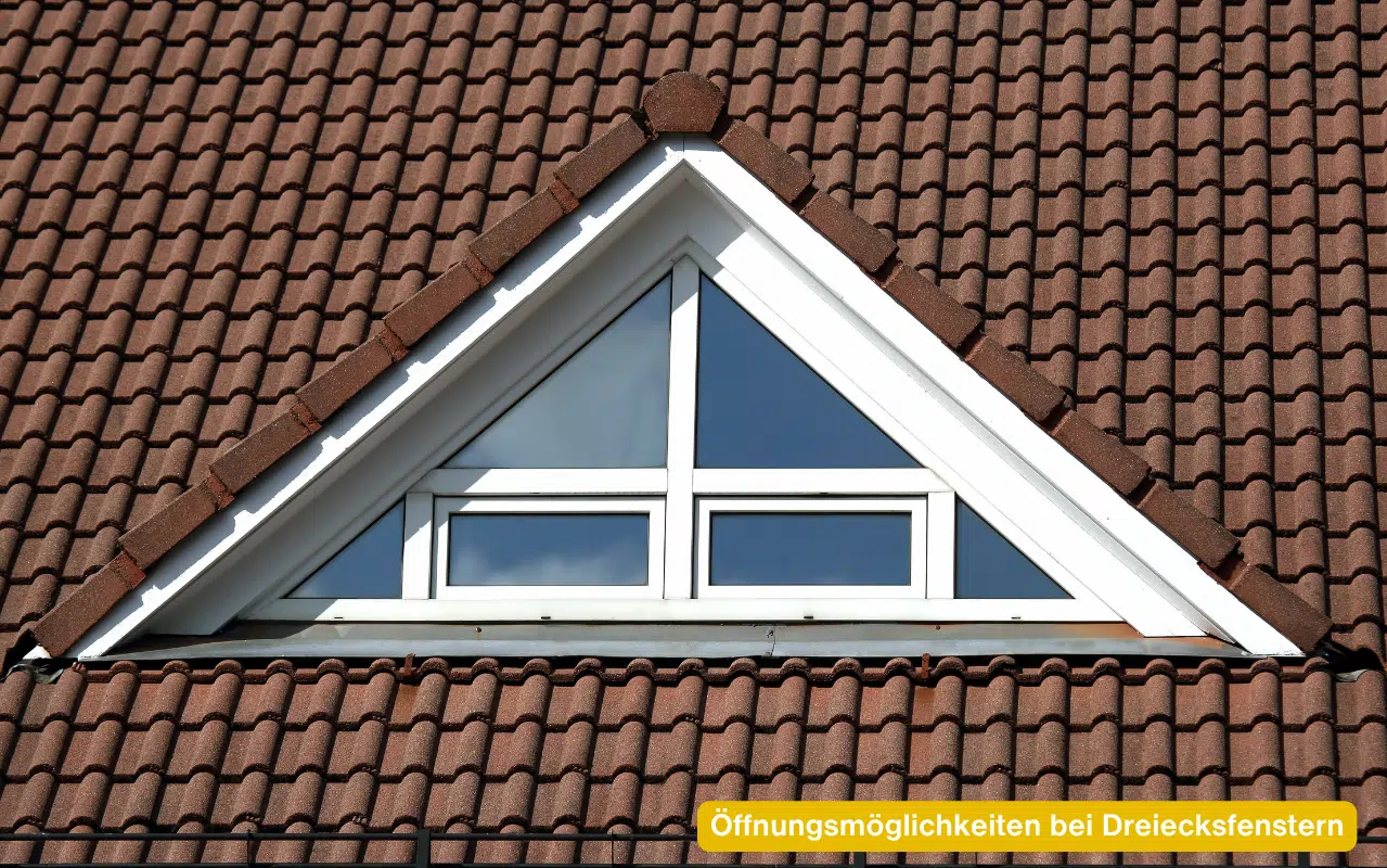 Öffnungsmöglichkeiten bei Dreiecksfenstern verdeutlicht an einem weißen Giebelfenster in einem braunen Ziegeldach
