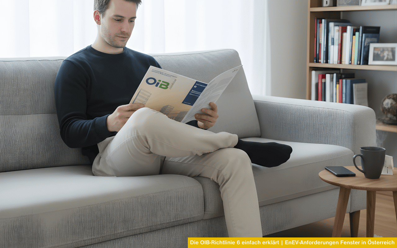 Ein Mann liest auf einem Sofa eine OIB-Broschüre über gesetzliche Anforderungen für Fenster in Österreich.