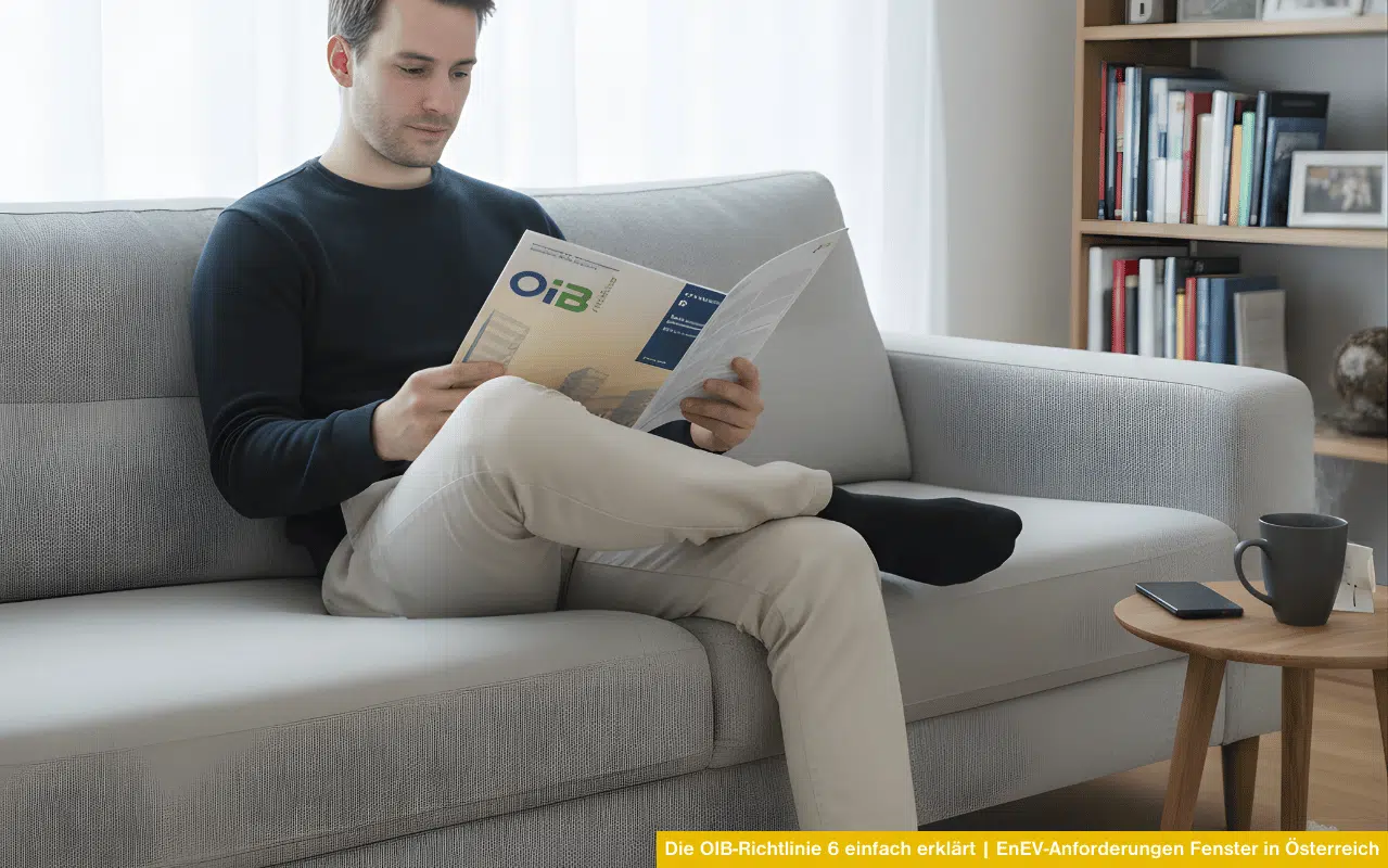 Ein Mann liest auf einem Sofa eine OIB-Broschüre über gesetzliche Anforderungen für Fenster in Österreich.