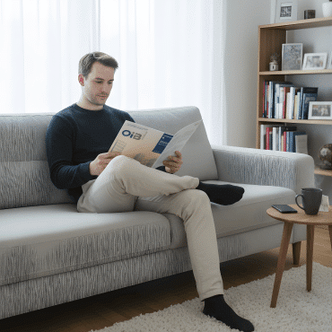 Mann liest OIB-Broschüre auf grauem Sofa – Informationen zu Richtlinien und EnEV-Anforderungen für Fenster in Österreich.