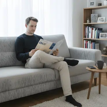 Mann liest OIB-Broschüre auf grauem Sofa – Informationen zu Richtlinien und EnEV-Anforderungen für Fenster in Österreich.