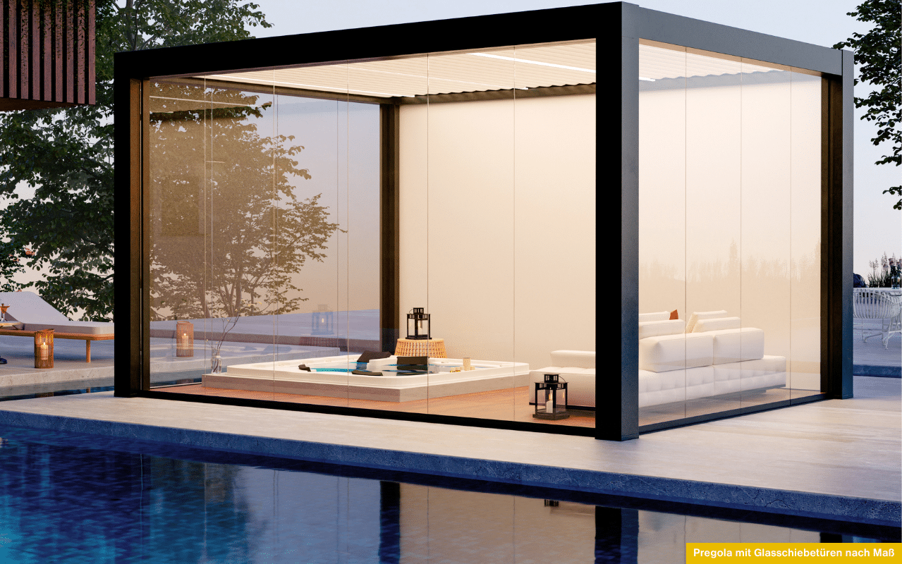Moderne Pergola geplant nach Maß in Oberösterreich mit seitlichen Glasschiebetüren als stilvoller Rückzugsort am Pool.