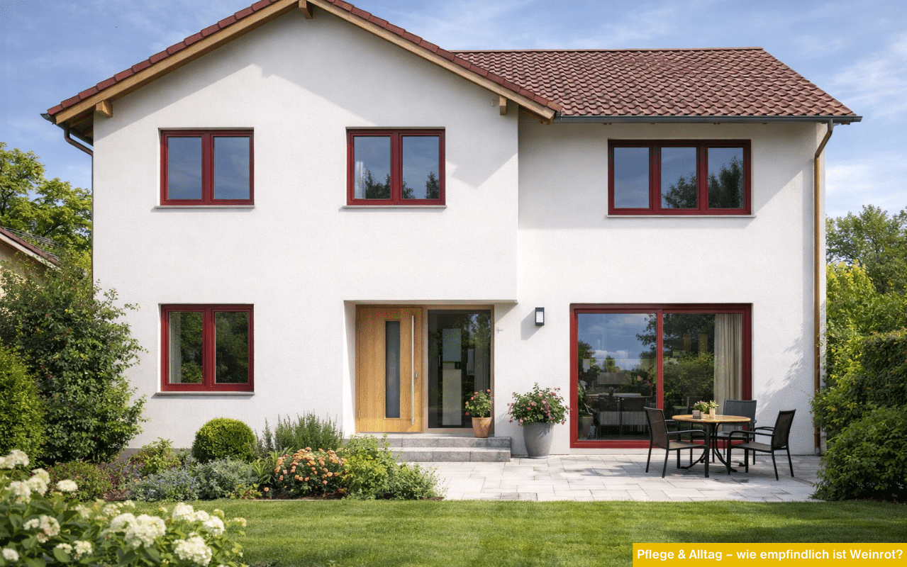 Pflege & Alltag - wie empfindlich ist Weinrot? Einfamilienhaus mit weinroten Fenstern und heller Fassade