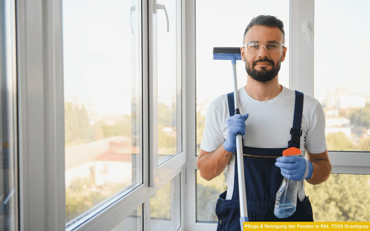 Pflege und Reinigung von Fenstern in RAL 7026 Granitgrau zeigt Mann mit Putzutensilien beim Fensterputzen.