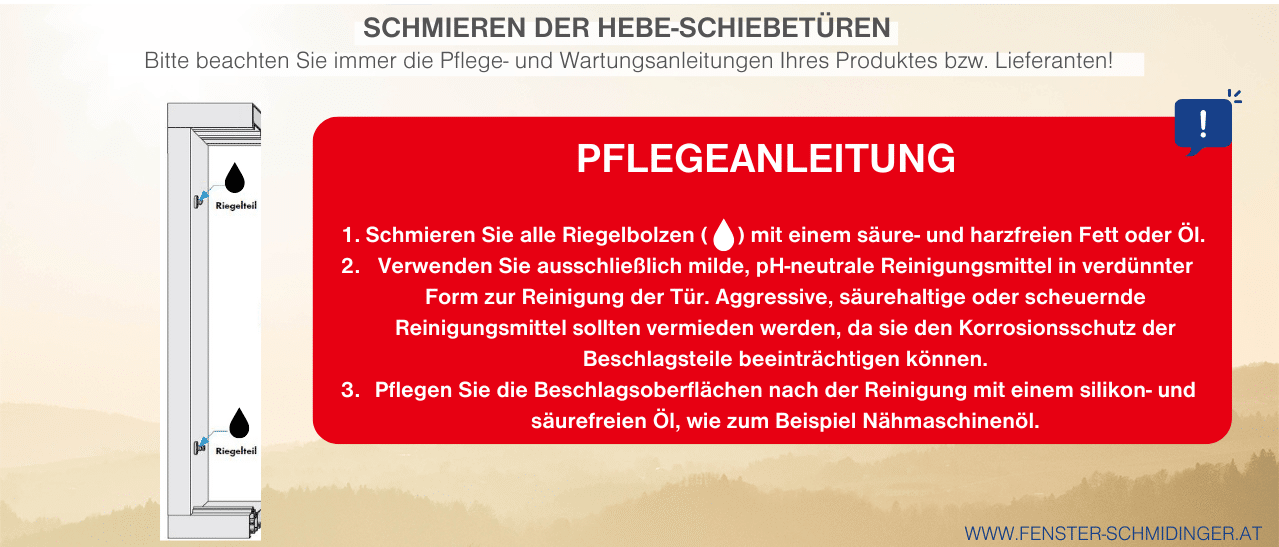 Pflege- und Wartung Hebeschiebetüren mit regelmäßigem Schmieren, milder Reinigung der PVC-Oberfläche und Pflege der Beschläge für optimale Funktion.