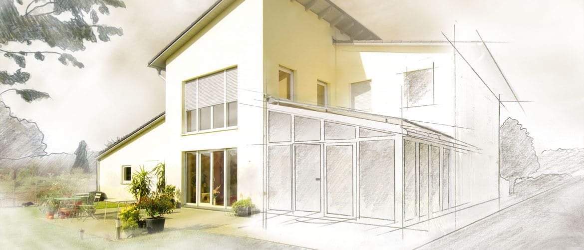 Modernes Einfamilienhaus mit geplanter Wintergarten-Erweiterung in fotorealistischer Darstellung.