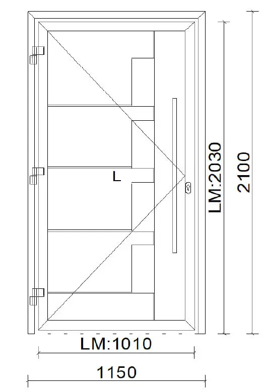 Planungs-Beispiel Alu-Türe mit Füllungsmodell und Griffstange in Edelstahl - Maß: 1150 x 2100 mm