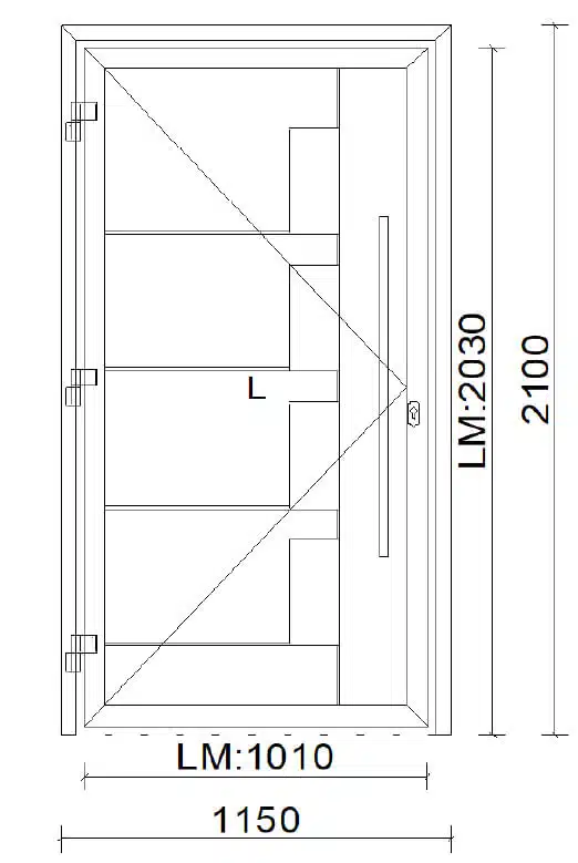 Planungs-Beispiel Alu-Türe mit Füllungsmodell und Griffstange in Edelstahl - Maß: 1150 x 2100 mm