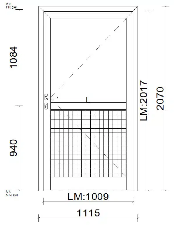 Planungsbeispiel Nebeneingangstüre Alu unten mit Alupaneele oben mit Glas