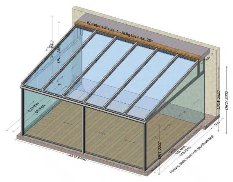 Planungsbeispiel Sommergarten aus Aluminium mit Dachverglasung und seitlichen Glasschiebetüren ohne Rahmen - Maß: 5700 x 4200 mm