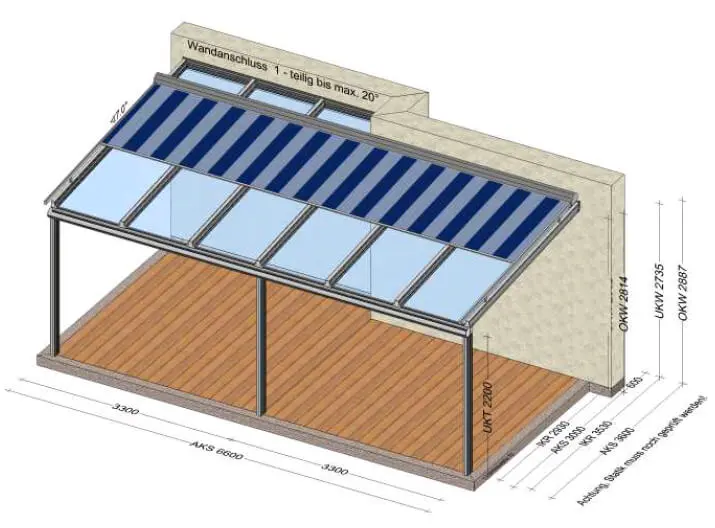 Planungsbeispiel Terrassenüberdachung 6-teilig mit Markise 6600 x 3000 mm