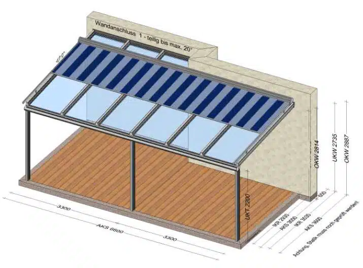 Planungsbeispiel Terrassenüberdachung 6-teilig mit Markise 6600 x 3000 mm