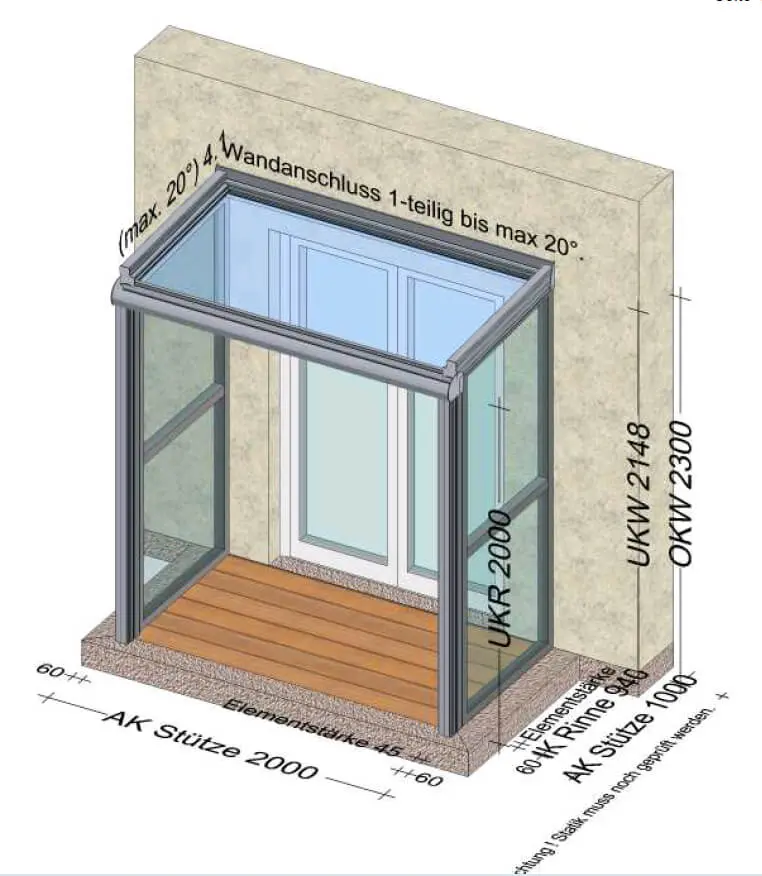 Planungsbeispiel Überdachung und Seitenteile für Eingangsbereich 2000 x 1000 mm