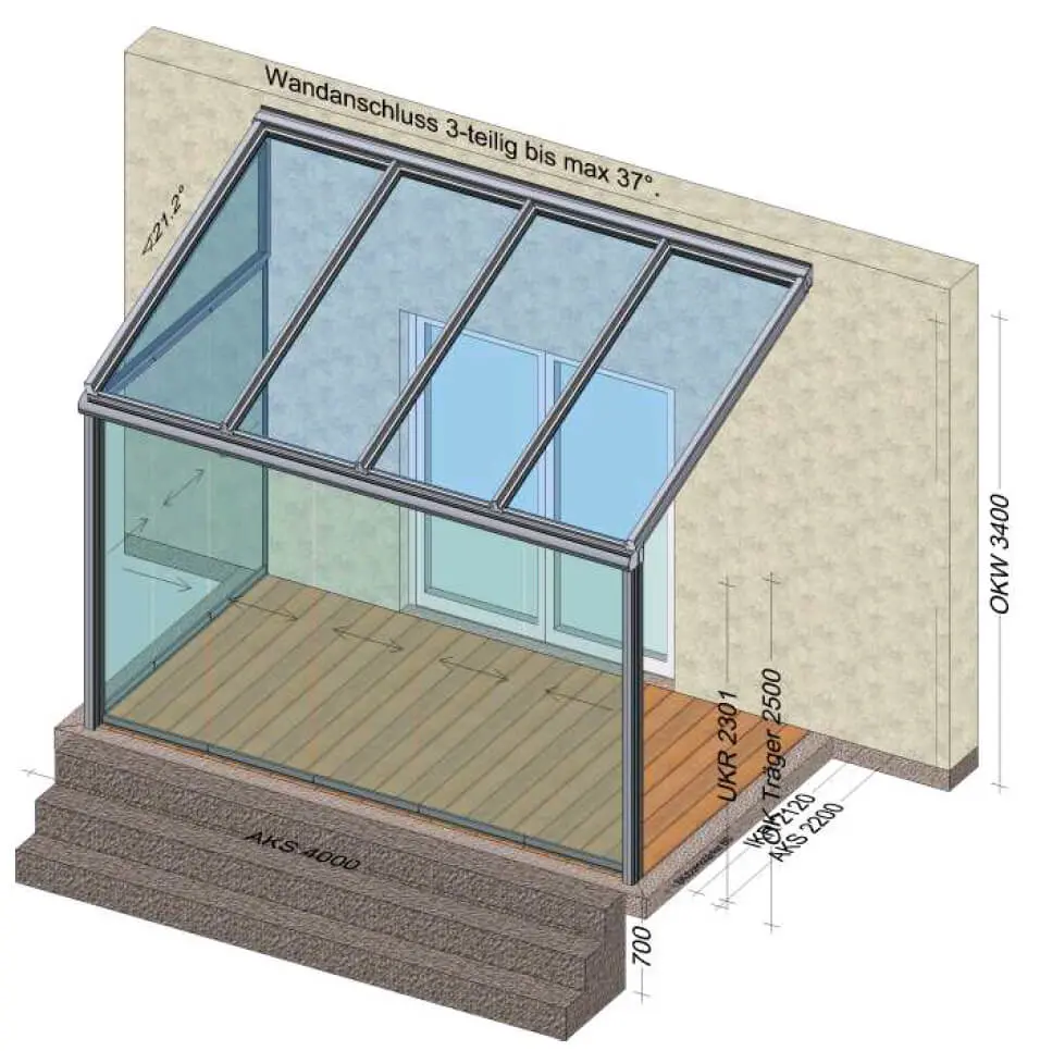 Planungsskizze Sommergarten mit 2 Seiten Schiebetüren geschlossen und Glasdach