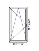 Balkontürskizze mit 1150 x 2220 mm aus der Praxis mit Waku W88 Design, 3-fach Wärmeschutzverglasung und ESG-Sicherheitsglas.