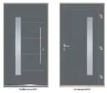 Haustür D82 FA+ in RAL 7012, SAFE-Extended 9, Satinato Glas, Edelstahlgriffe, mit Sicherheitspaket.