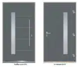 Haustür D82 FA+ in RAL 7012, SAFE-Extended 9, Satinato Glas, Edelstahlgriffe, mit Sicherheitspaket.