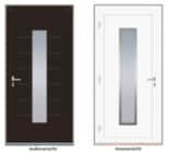 Haustür System D82 FA+ in RAL 8017/9016, Modell WEGA mit Satinato Glas, Edelstahl-Drücker, Zylinder & Schlüssel