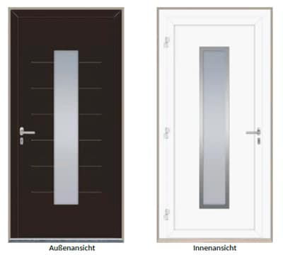 Haustür System D82 FA+ in RAL 8017/9016, Modell WEGA mit Satinato Glas, Edelstahl-Drücker, Zylinder & Schlüssel
