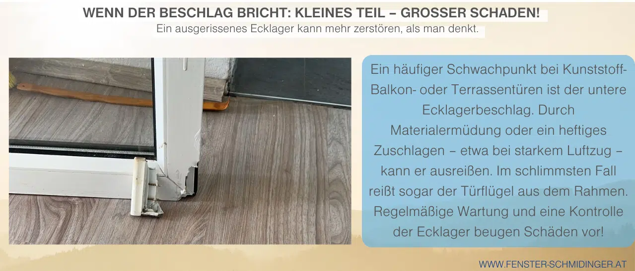 Probleme mit Kunststoffbalkontüren durch defektes Ecklager vermeiden, regelmäßige Wartung schützt vor größeren Schäden.