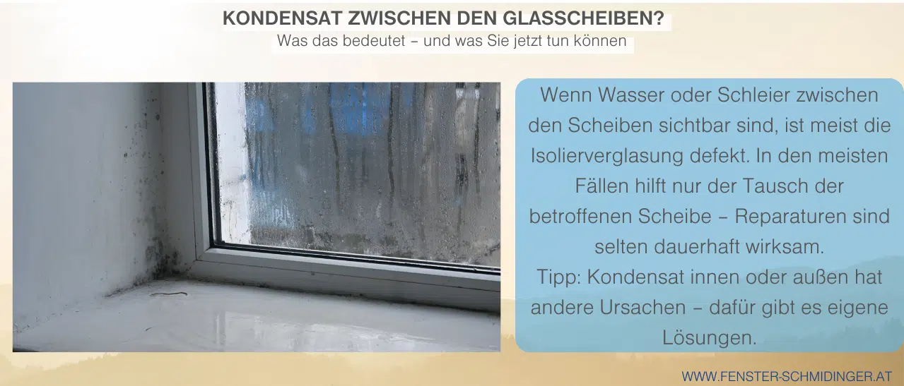 Probleme mit Kunststofffenster-Verglasung erkennen: Kondensat zwischen Scheiben weist auf defekte Isolierverglasung hin.