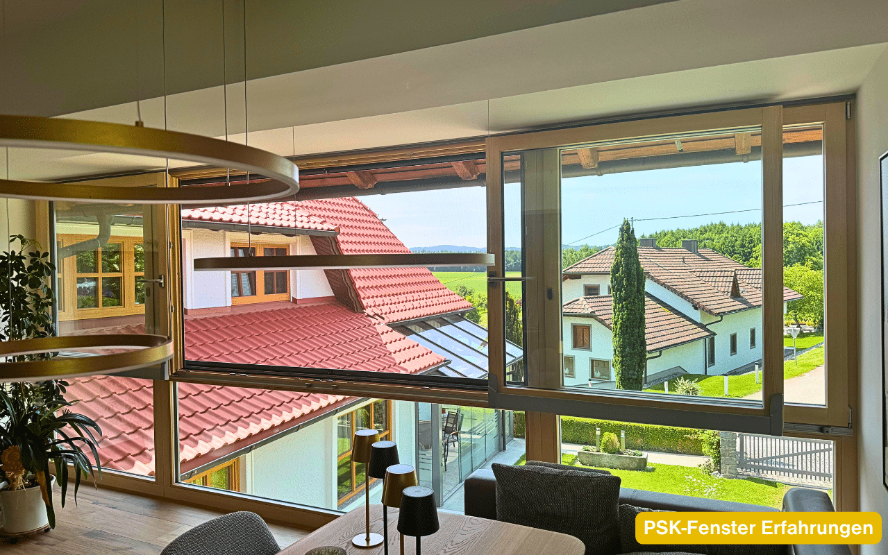 PSK-Fenster Erfahrungen – modernes Holz-Alu Parallel-Schiebe-Kipp-Fenster im Wohnbereich mit Aussicht auf Wohnsiedlung