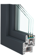 Querschnitt eines WAKU W76 Kunststoff/Alu-Fensters mit weißem Profil innen und Aluschale außen