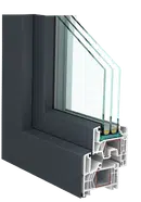 Querschnitt eines WAKU W76 Kunststoff/Alu-Fensters mit weißem Profil innen und Aluschale außen