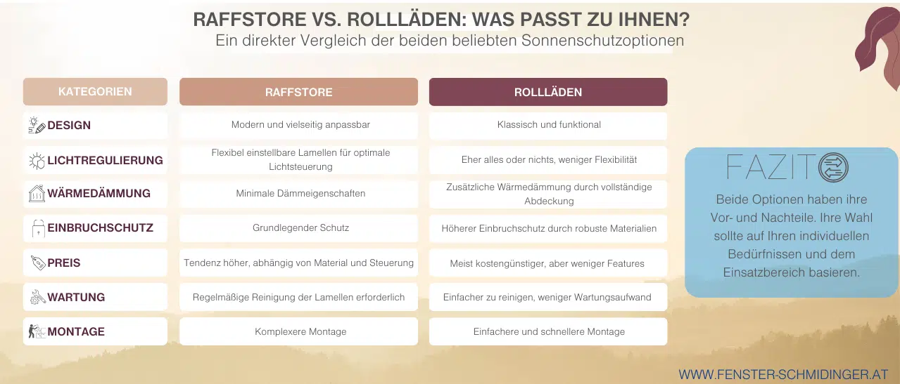 Vergleichs-Infografik zu Sonnenschutz: Raffstore vs. Rollläden - Entscheidungshilfe für das optimale Produkt.