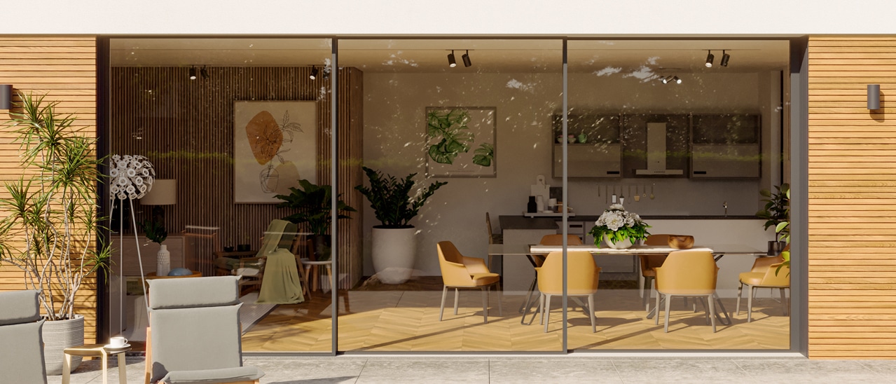 Sunflex SF 60/80 Schiebefenster mit stabilen Aluminiumprofilen für raumhohe Verglasung, optimiert Licht & Raumgefühl.