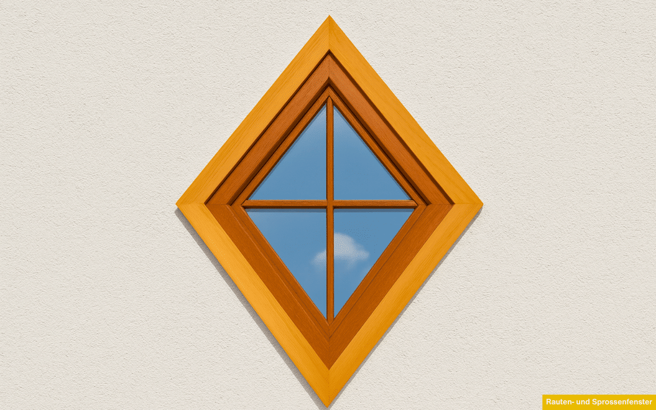 Rauten- und Sprossenfenster aus Holz als besondere Fensterform für Dachstuhl oder Treppenhaus mit traditioneller Wirkung.