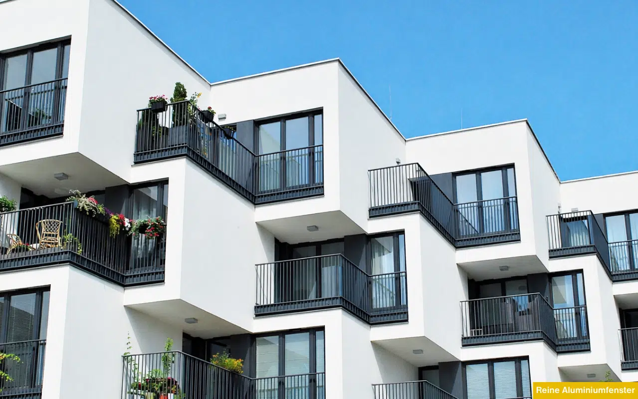 Reine Aluminiumfenster in moderner Architektur mit großen Glasflächen und schwarzen Balkongeländern Fenster in Schiefergrau.
