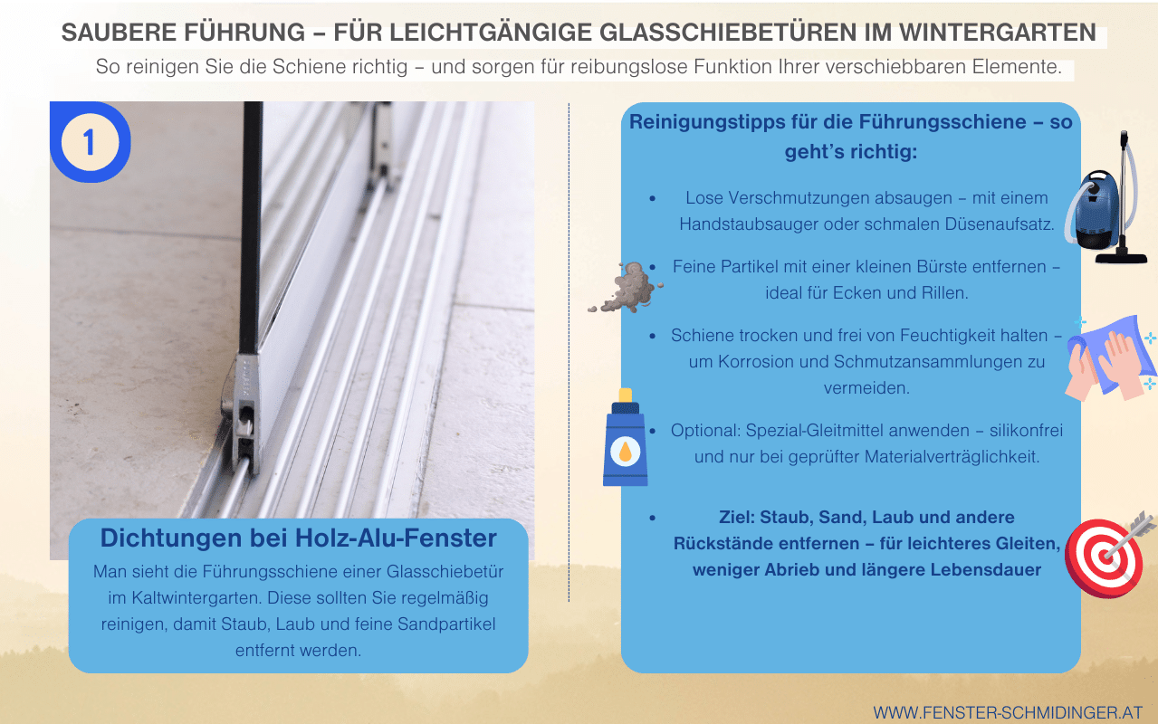 Reinigung und Pflege eines Kaltwintergartens - Führungsschienen säubern mit Bürste und Sauger für reibungsloses Gleiten.