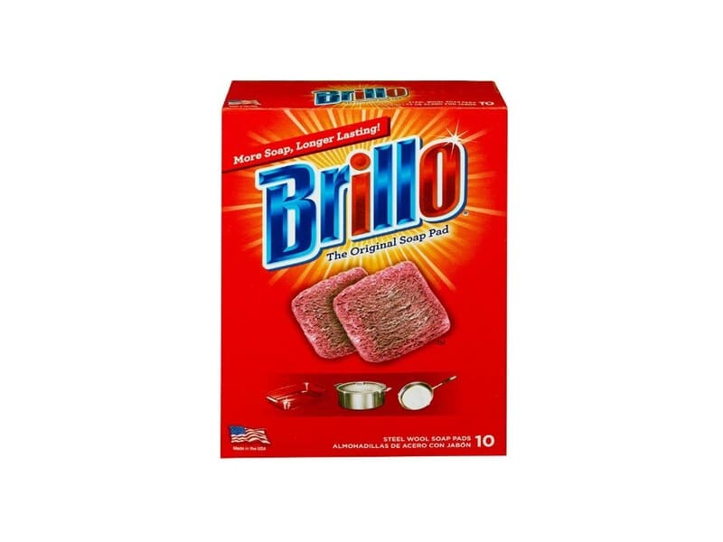 Packung Brillo Pads, sehr feine Stahlwolle mit Seife, zum nassen Reinigen stark vergilbter weißer Kunststofffenster