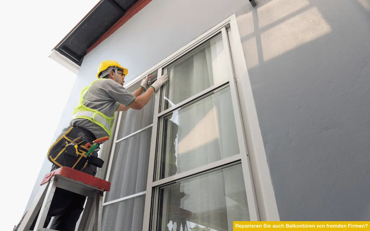 Reparieren Sie auch Balkontüren von fremden Firmen Handwerker stellt außen eine Balkontür ein und arbeitet am Rahmen eines weißen Türsystems