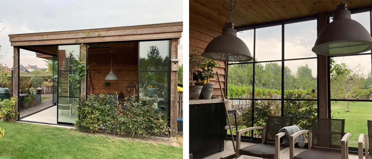 Ein rustikaler Wintergarten mit Holzverkleidung, Glaswänden und gemütlicher Sitzecke. Er vermittelt Wärme, Natürlichkeit und bietet inspirierende Ideen für die Einrichtung eines wohnlichen Wintergartens mit charmantem Landhauscharakter.