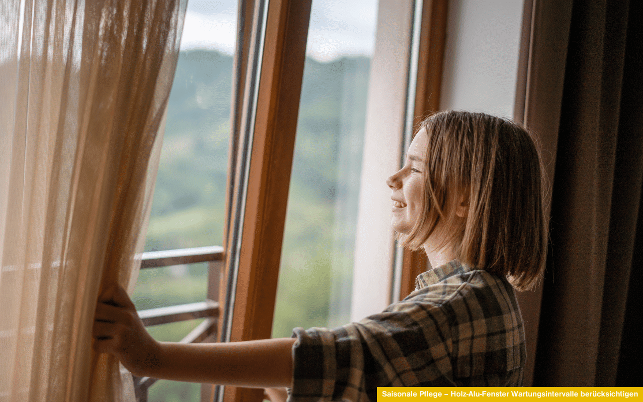 Ein Mädchen zieht fröhlich einen Vorhang zur Seite und blickt durch ein gepflegtes Holz-Alu-Fenster nach draußen in die Natur.